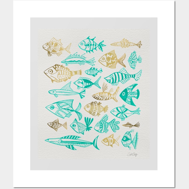 fish inkings turquoise gold Wall Art by CatCoq